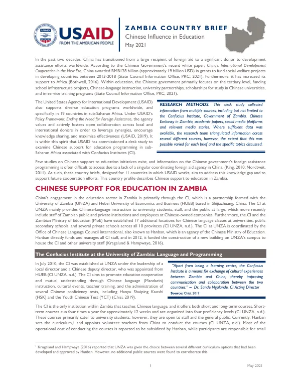 Zambia Country Brief: Chinese Influence in Education, May 2021