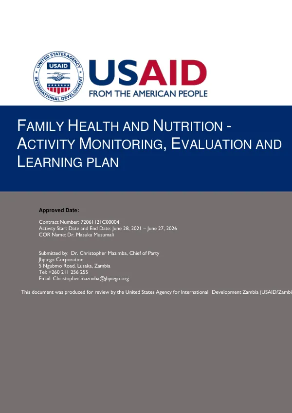 USAID/Family Health and Nutrition Project (FHN) Activity Monitoring, Evaluation & Learning Plan
