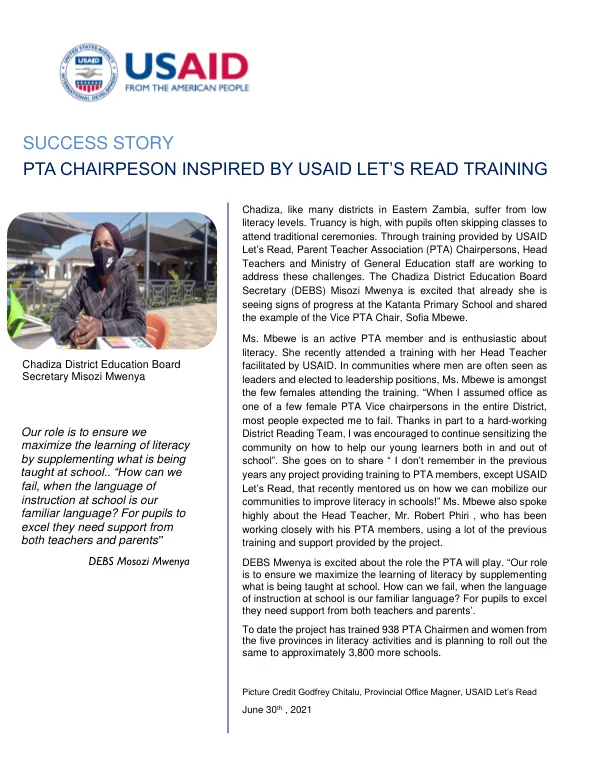 USAID Let's Read Success Story: Chadiza District Education Board