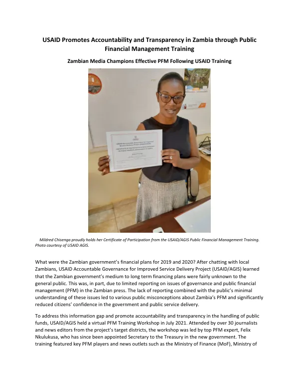 USAID Promotes Accountability and Transparency in Zambia through Public Financial Management Training