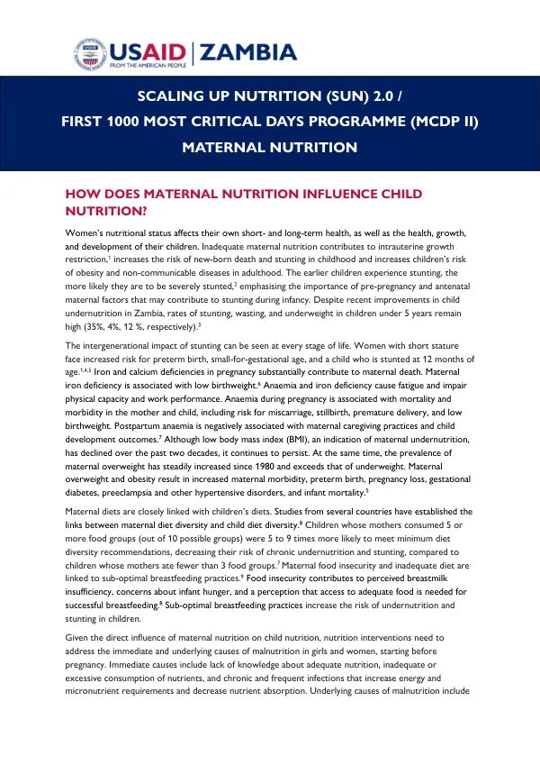 Maternal Nutrition and Child Outcomes: A Review of the Literature and Findings from the First 1000 Most Critical Days Programme Phase II Baseline Survey in Zambia