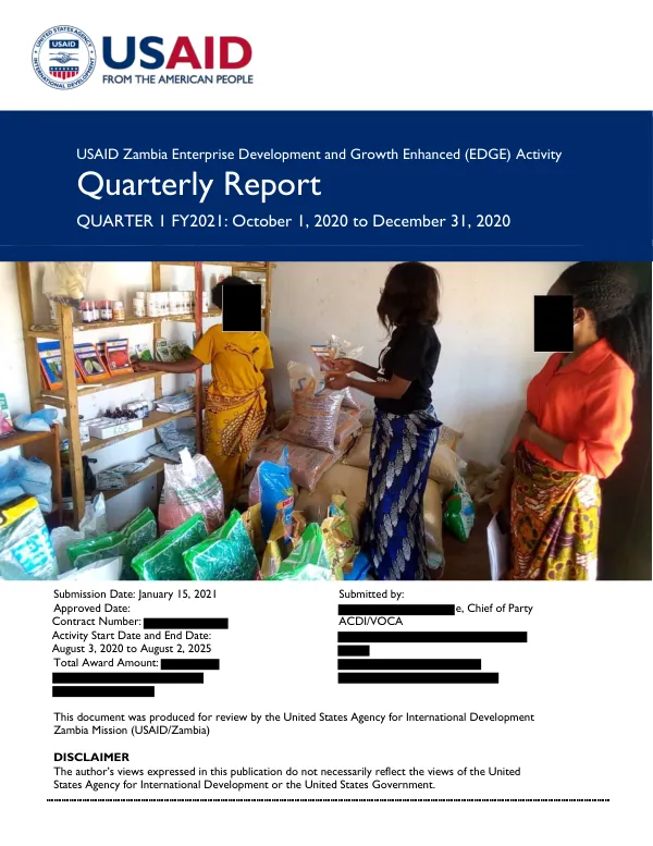 USAID Zambia Enterprise Development and Growth Enhanced (EDGE) Activity Quarterly Report