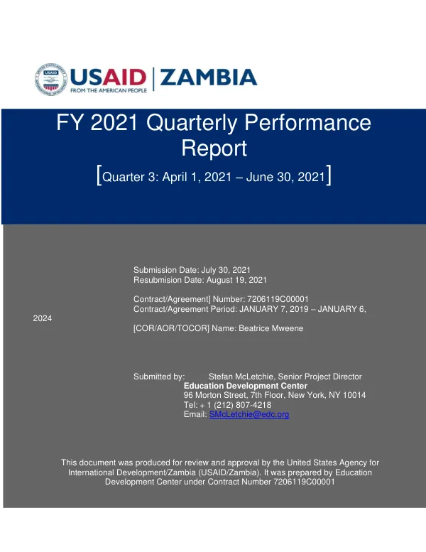 FY 2021 Quarterly Performance Report for USAID Let's Read