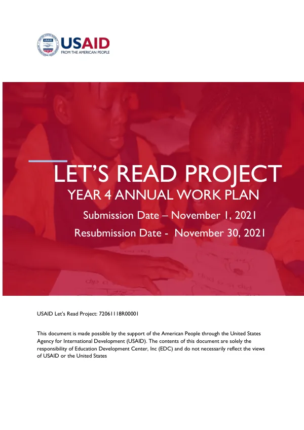 Year 4 Annual Work Plan for USAID Let’s Read Project