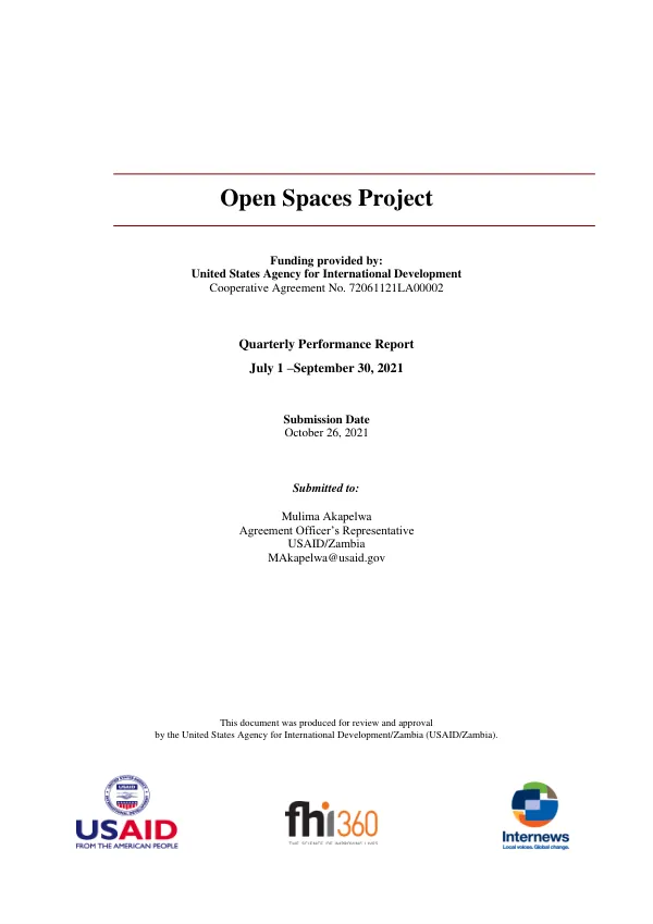 Quarterly Performance Report: Open Spaces Project, July 1 – September 30, 2021