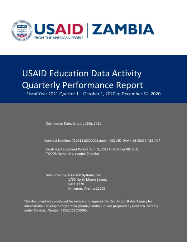 USAID Education Data Activity Quarterly Performance Report Fiscal Year 2021 Quarter 1
