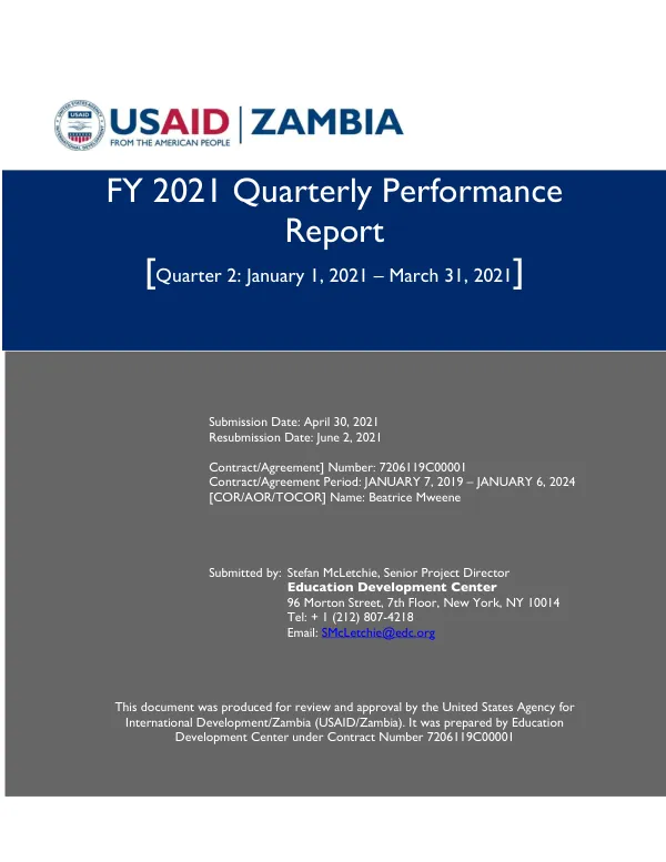 FY 2021 Quarterly Performance Report for USAID Let's Read Project