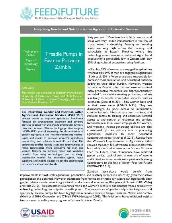 Integrating Gender and Nutrition within Agricultural Extension Services: Technology Profile - Treadle Pumps in Eastern Province, Zambia