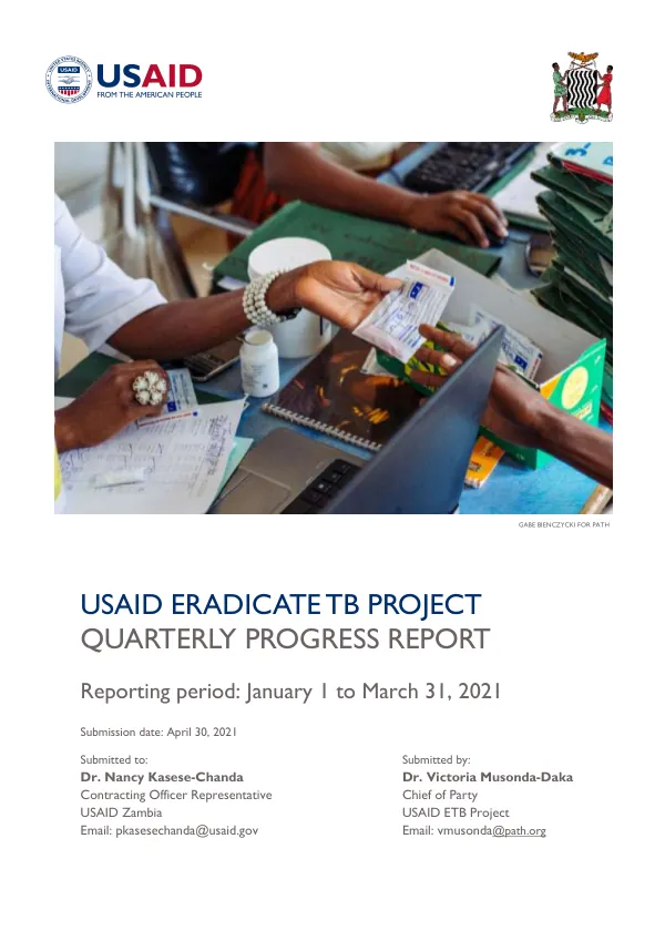 USAID ERADICATE TB PROJECT QUARTERLY PROGRESS REPORT
