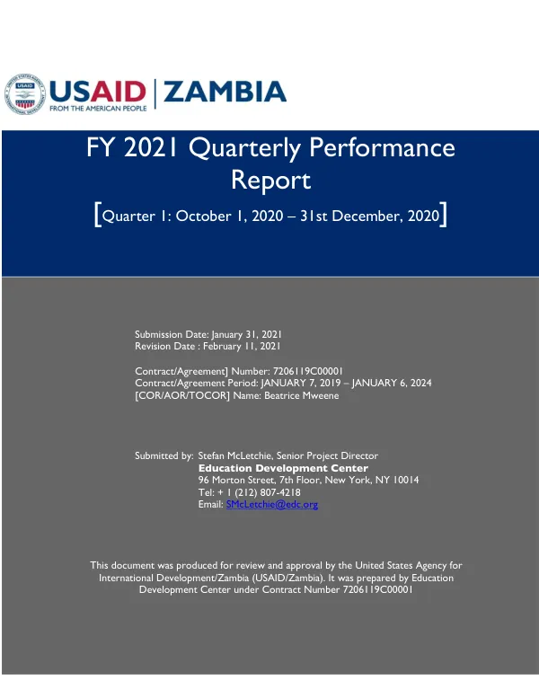 FY 2021 Quarterly Performance Report for USAID Let's Read Project