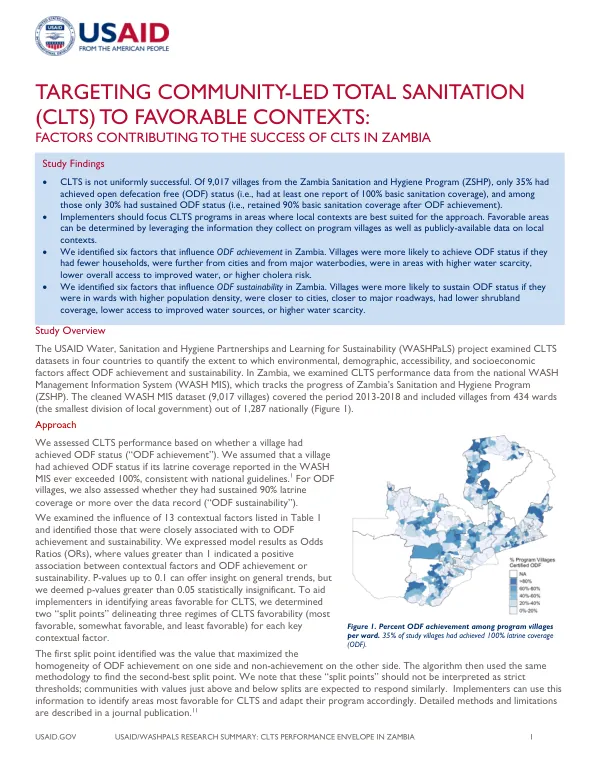 TARGETING COMMUNITY-LED TOTAL SANITATION (CLTS) TO FAVORABLE CONTEXTS: FACTORS CONTRIBUTING TO THE SUCCESS OF CLTS IN ZAMBIA