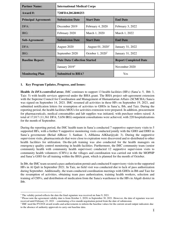 Baseline Report: Health, Nutrition, and WASH Activities in Yemen