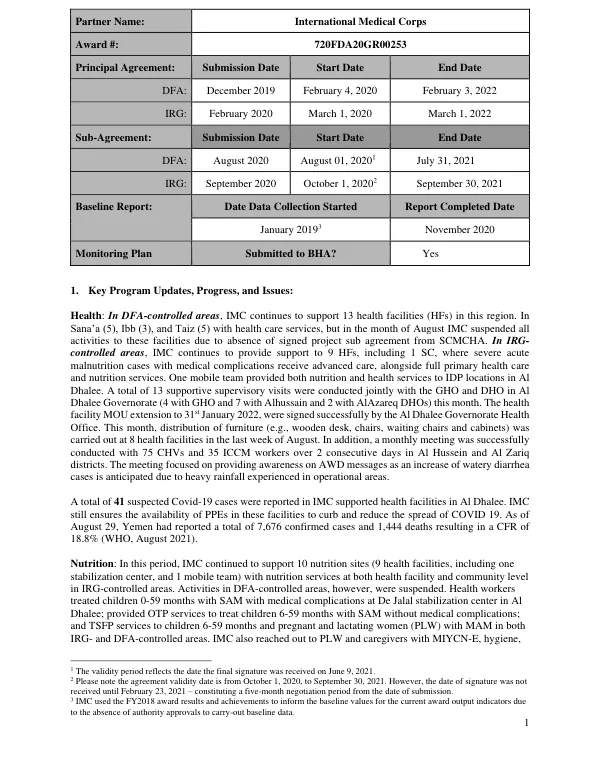 Baseline Report: Health, Nutrition, WASH, and FSL Activities in Yemen