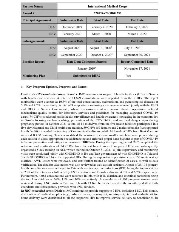 Baseline Report: Health, Nutrition, and WASH Activities in Yemen