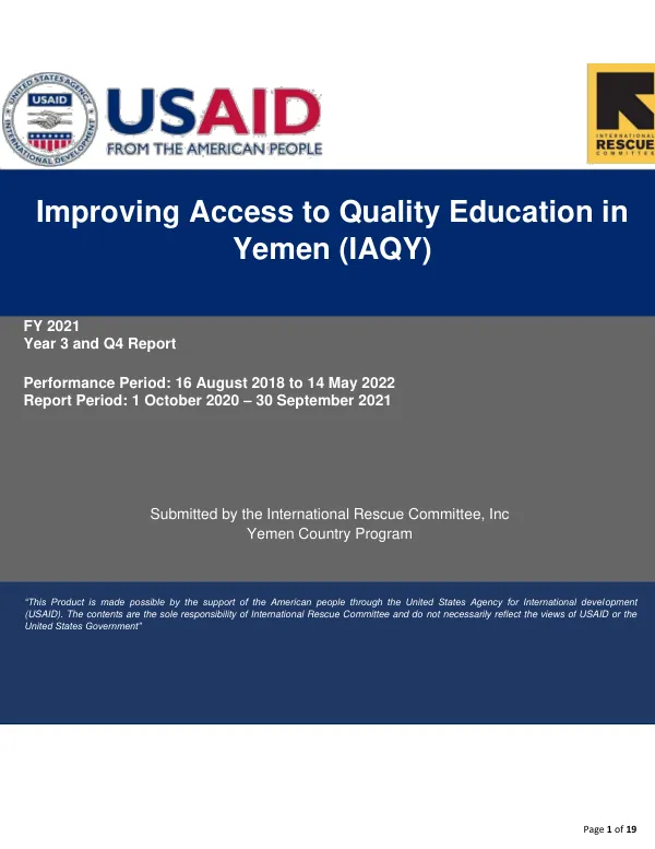 Improving Access to Quality Education in Yemen (IAQY) FY 2021 Year 3 and Q4 Report