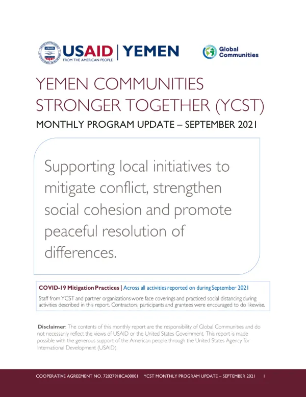 Yemen Communities Stronger Together (YCST) Monthly Program Update – September 2021