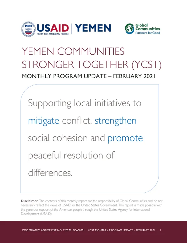 Yemen Communities Stronger Together (YCST) Monthly Program Update – February 2021