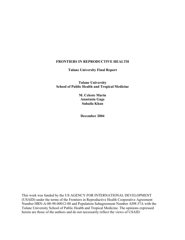 Frontiers in reproductive health [FRONTIERS] : Tulane University final report