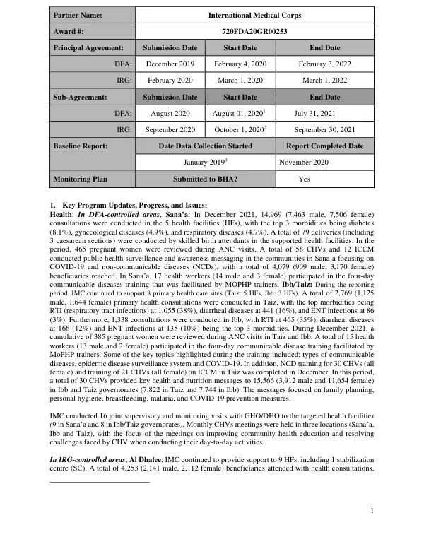 Baseline Report: Maternal Infant and Young Child Nutrition in Emergencies
