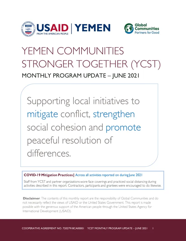 Yemen Communities Stronger Together (YCST) Monthly Program Update – June 2021