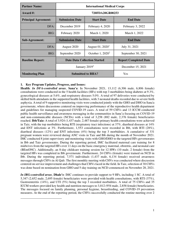 Baseline Report: Health, Nutrition, and WASH Activities in Yemen