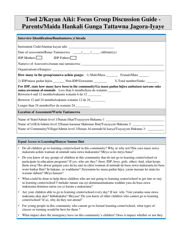 Tool 2/Kayan Aiki: Focus Group Discussion Guide - Parents/Maida Hankali Gunga Tattawna Jagora-Iyaye