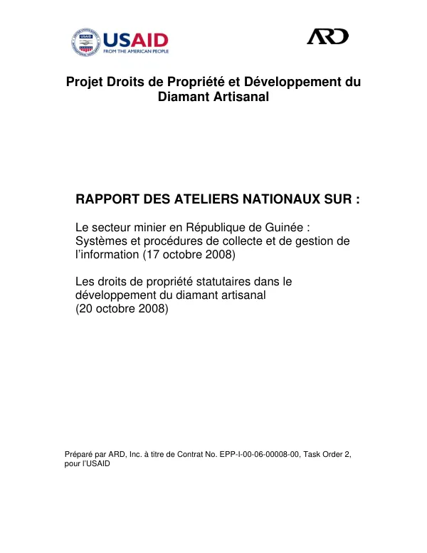 Projet Droits de Propriété et Développement du Diamant Artisanal Rapport des Ateliers Nationaux