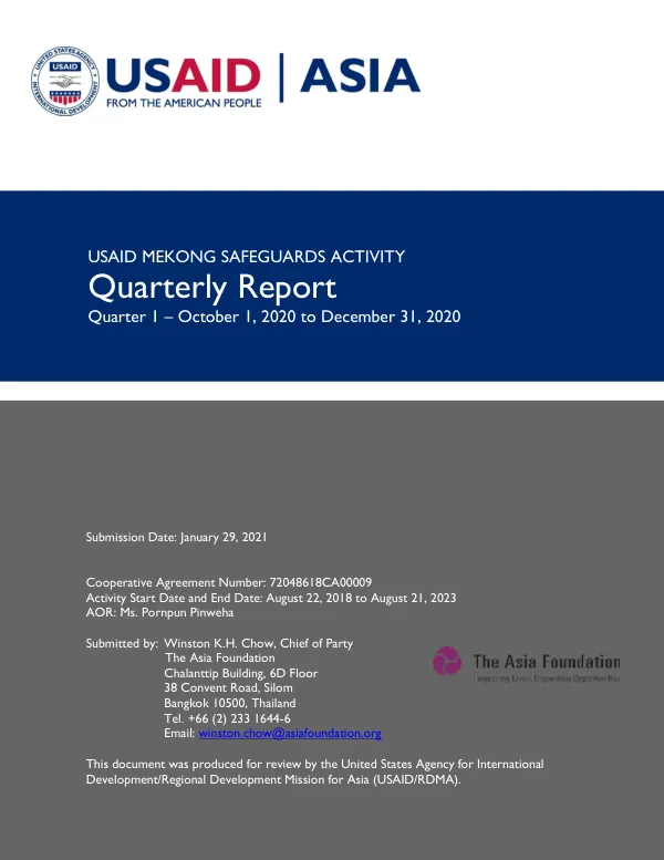 USAID Mekong Safeguards Activity Quarterly Report — Quarter 1, October 1, 2020 – December 31, 2020