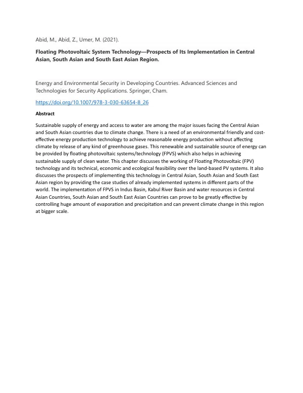 Floating Photovoltaic System Technology—Prospects of Its Implementation in Central Asian, South Asian and South East Asian Region