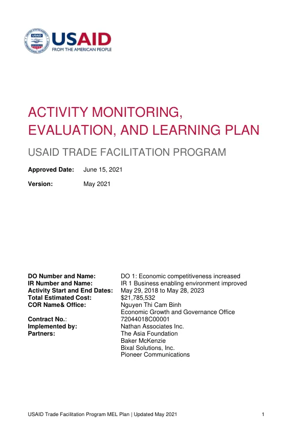 USAID Trade Facilitation Program MEL Plan