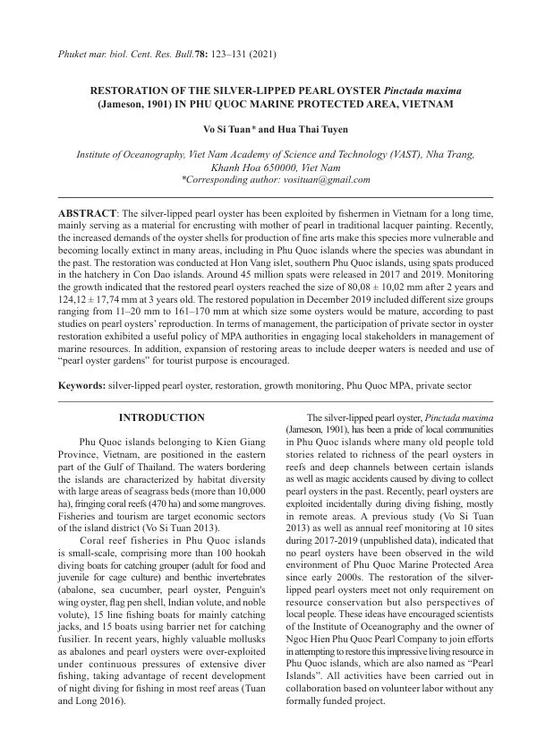 Restoration of the Silver-Lipped Pearl Oyster Pinctada maxima (Jameson, 1901) in Phu Quoc Marine Protected Area, Vietnam