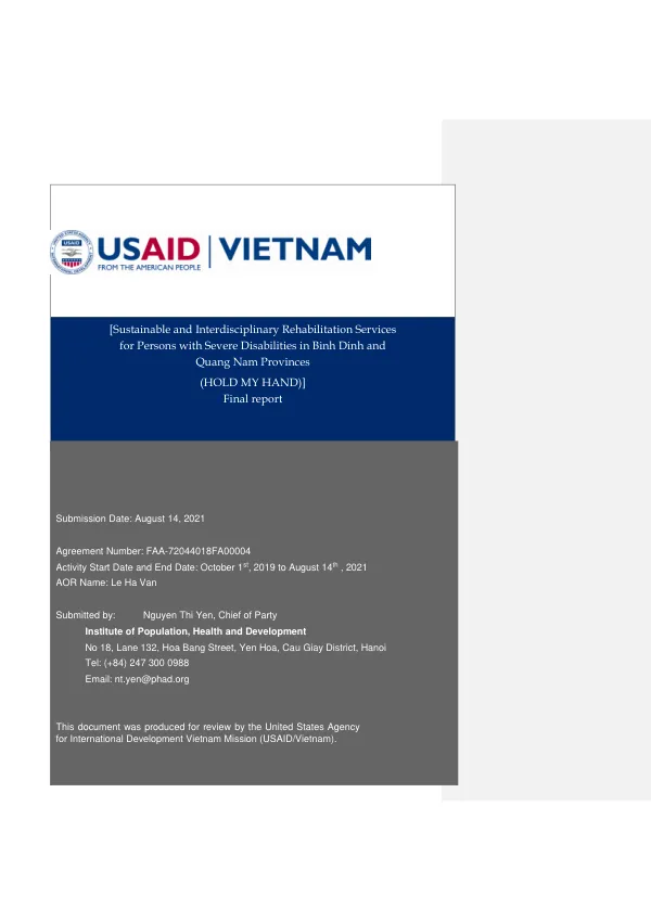 Sustainable and Interdisciplinary Rehabilitation Services for Persons with Severe Disabilities in Binh Dinh and Quang Nam Provinces (HOLD MY HAND)