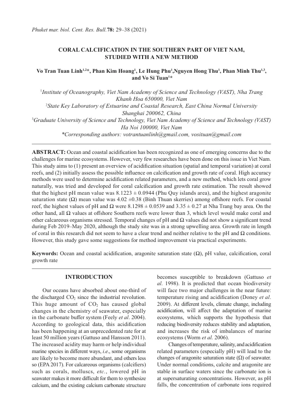 Coral Calcification in the Southern Part of Viet Nam, Studied with a New Method