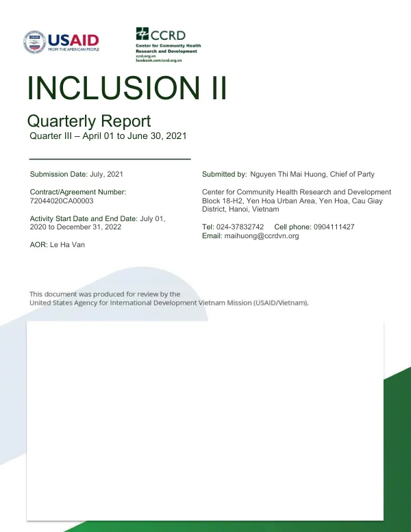 Quarterly Report: Inclusion II Project, Quarter III – April 01 to June 30, 2021