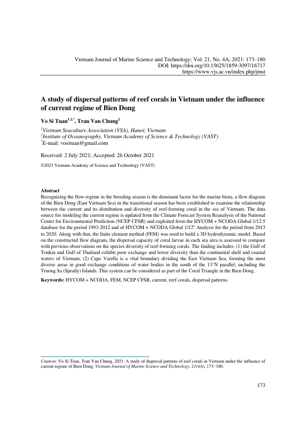 A study of dispersal patterns of reef corals in Vietnam under the influence of current regime of Bien Dong