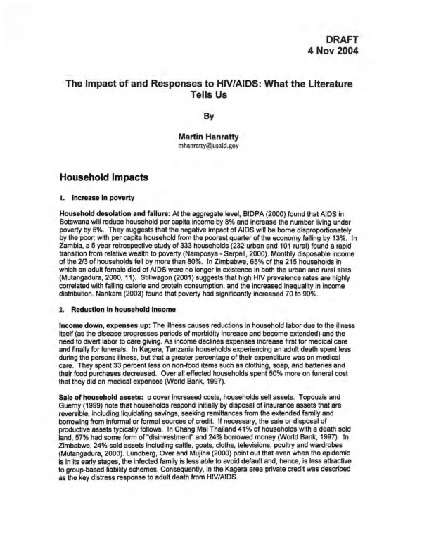The impact of and responses to HIV/AIDS : what the literature tells us