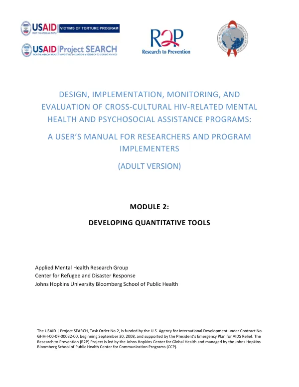 Design, Implementation, Monitoring, and Evaluation of Cross-Cultural HIV-Related Mental Health and Psychosocial Assistance Programs: A User’s Manual for Researchers and Program Implementers (Adult Version)