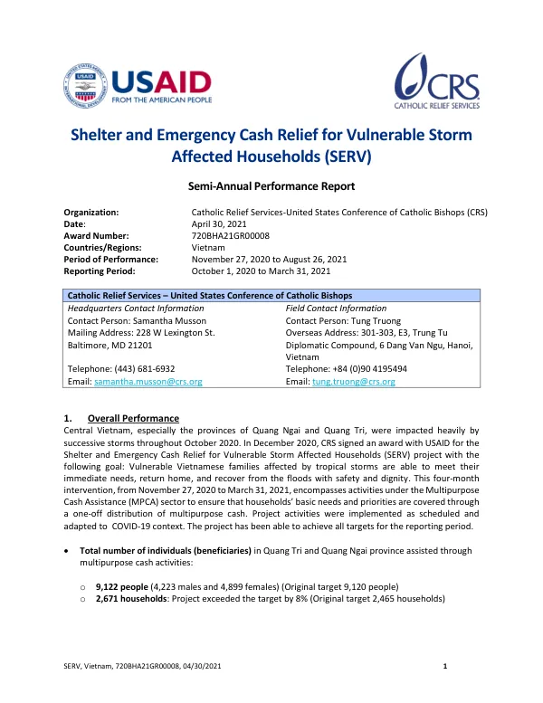 Shelter and Emergency Cash Relief for Vulnerable Storm Affected Households (SERV) Semi-Annual Performance Report