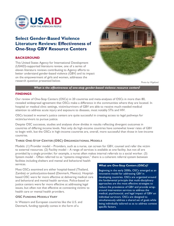 Select Gender-Based Violence Literature Reviews: Effectiveness of One-Stop GBV Resource Centers