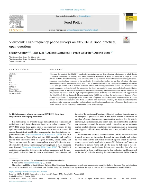 Viewpoint: High-frequency phone surveys on COVID-19: Good practices, open questions