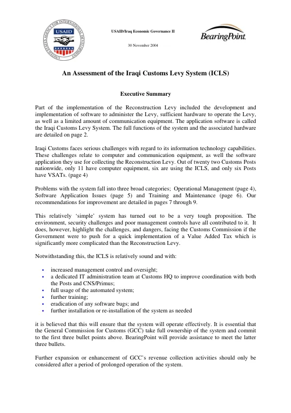 An assessment ofthe Iraqi customs levy system (ICLS)