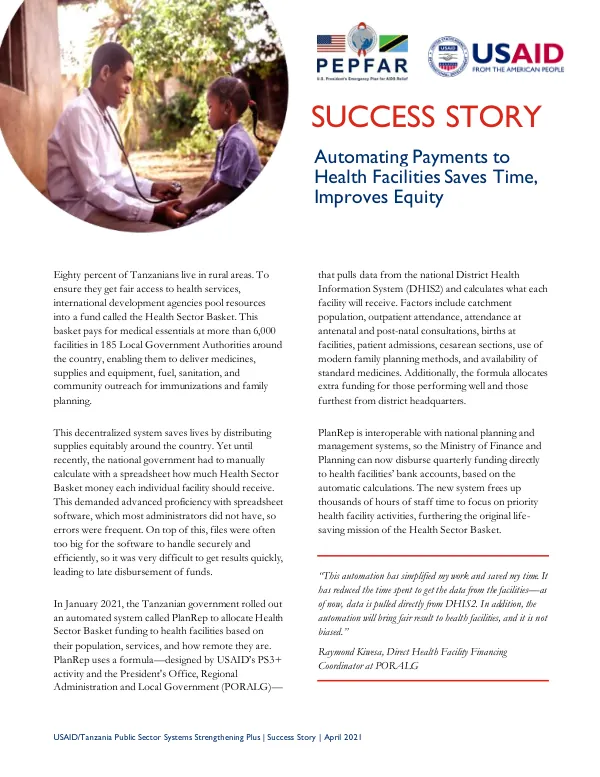 USAID/Tanzania Public Sector Systems Strengthening Plus | Success Story