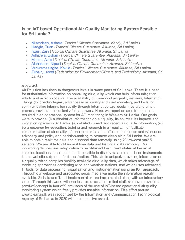 Feasibility of an IoT based Operational Air Quality Monitoring System for Sri Lanka