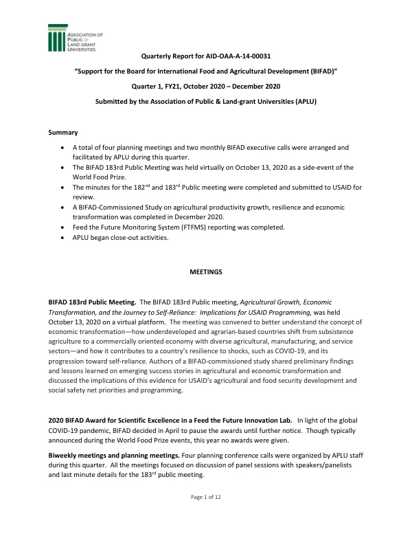 Quarterly Report for AID-OAA-A-14-00031: Support for the Board for International Food and Agricultural Development (BIFAD)