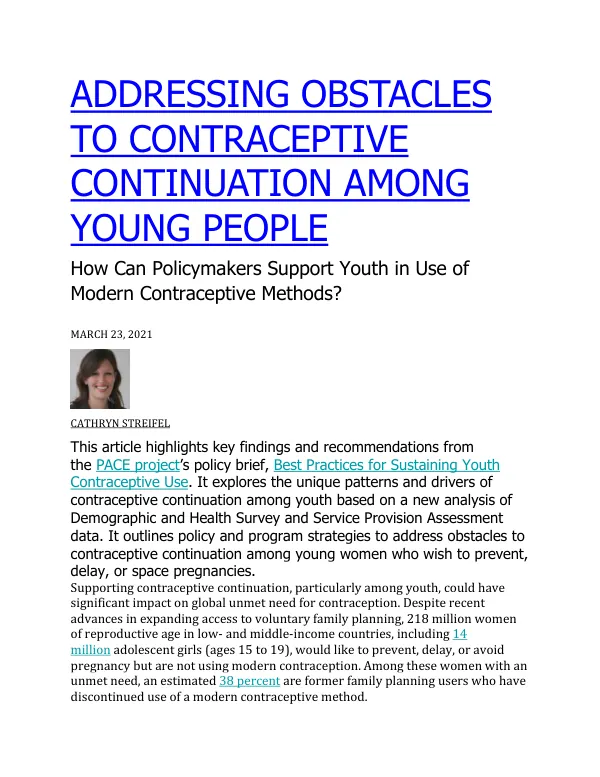Addressing Obstacles to Contraceptive Continuation Among Young People