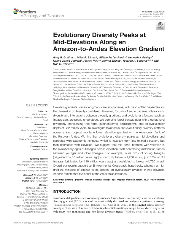 Evolutionary Diversity Peaks at Mid-Elevations Along an Amazon-to-Andes Elevation Gradient