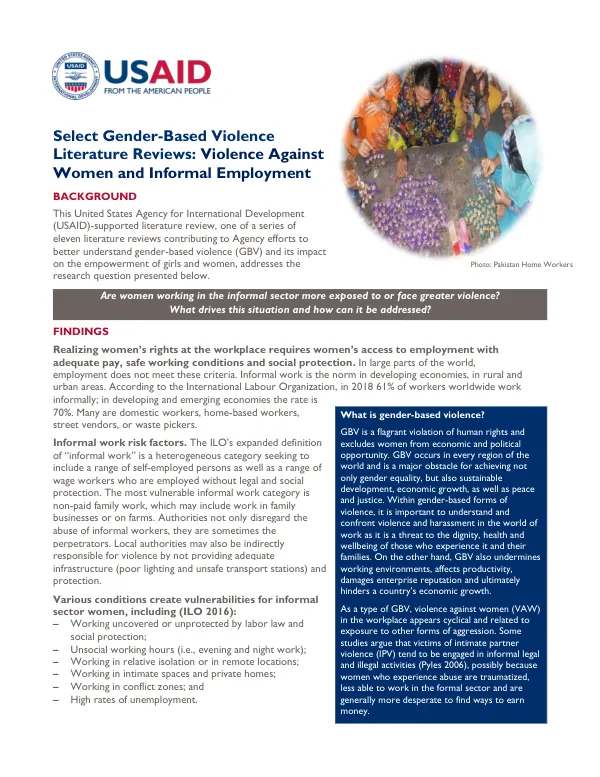Select Gender-Based Violence Literature Reviews: Violence Against Women and Informal Employment