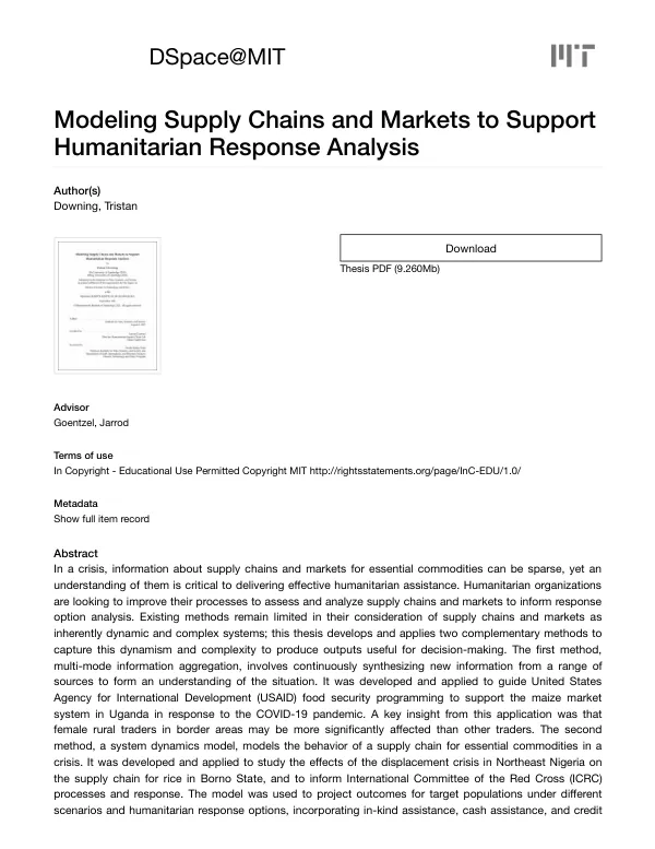 Modeling Supply Chains and Markets to Support Humanitarian Response Analysis