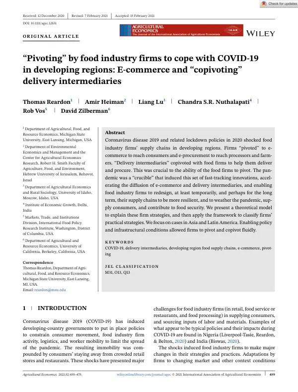 Pivoting by food industry firms to cope with COVID-19 in developing regions: E-commerce and "copivoting" delivery intermediaries