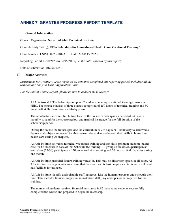 Grantee Progress Report Template